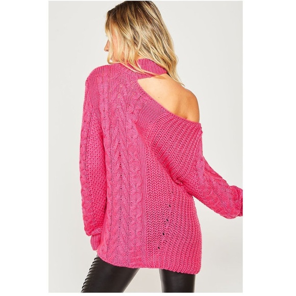 NEW Open Shoulder Choker Neck Chunky Cable Sweater - Picture 7 of 8